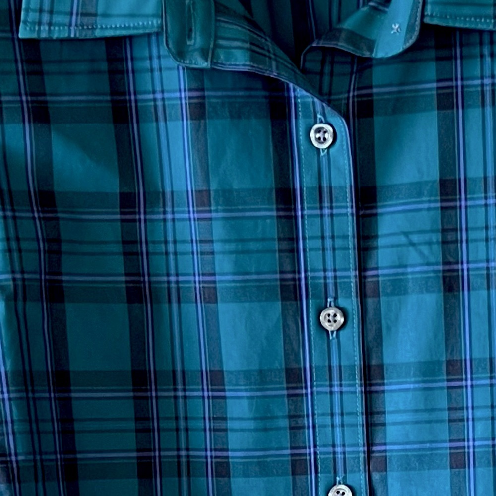 *HOST PICK* Landsโ End No Iron Supima Cotton Teal Green/Black/Purple Plaid Shirt - Picture 5 of 14